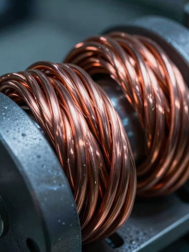 Dramatic close-up of thick, pure electrolytic copper windings on a heavy transformer core, cool blue ambient light with warm orange highlights, high contrast.