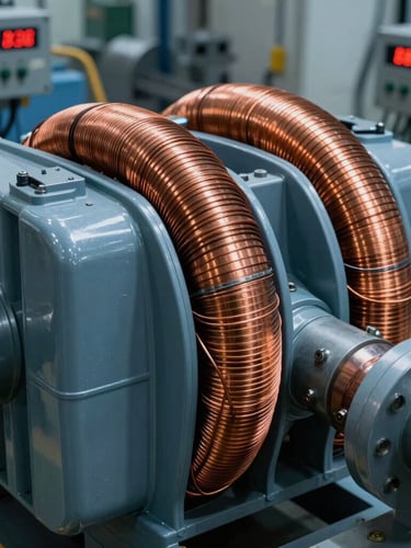 Dramatic close-up of heavy copper windings on a massive transformer core, cool blue ambient light with sharp orange highlights from digital indicator readouts, industrial manufacturing floor background, shallow depth of field.