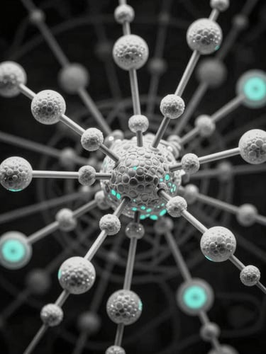 Abstract visualization of layered scientific data nodes, high-contrast monochrome with subtle cyan highlights, dark background, macro crop.