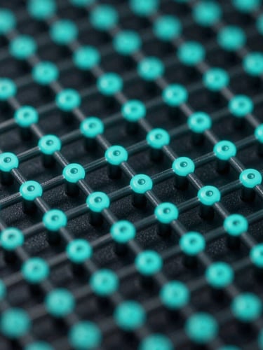 Macro close-up of a structured data matrix with glowing cyan nodes and dark slate connections, high contrast, low-key lighting, representing clinical data pipelines.