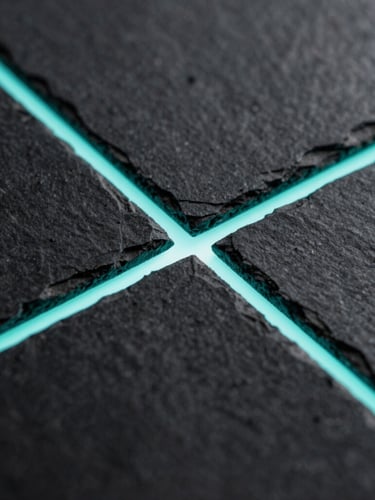 Macro photograph of structured architectural grid lines intersecting like a matrix, soft glowing cyan light leaking from the intersections, dark slate background.