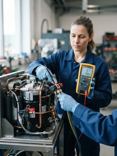 Close-up of a professional technician in a clean uniform using digital diagnostic tools on a high-performance refrigerator compressor, bright daylight, cool metallic tones, 35mm lens.