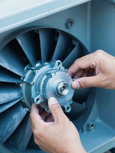 Crisp industrial photography of clean hands replacing a commercial HVAC fan motor, sharp focus, 35mm lens, metallic blue tones.