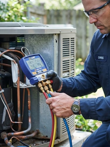 Close-up of a professional technician in a clean uniform using digital diagnostic gauges on copper AC coils of an outdoor split unit, bright natural daylight, cool blue tones, sharp focus, 35mm lens