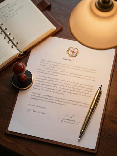 Overhead flat-lay study of a professional notary desk — a round notary seal pressed into an official document, an open leather journal with handwritten notes, a gold pen resting beside a signed certificate, warm amber office lamp light casting soft shadows across cream paper