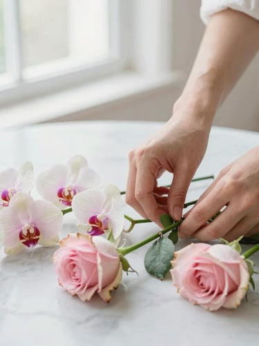 Close-up portrait of clean hands arranging fresh stems of orchids and garden roses on a light marble table, soft natural daylight, elegant editorial style