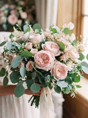 Close-up portrait of a luxury bouquet with pale pink roses and sage green eucalyptus leaves, soft natural window light, elegant editorial photography, 85mm