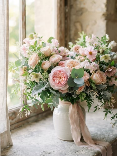 Elegant editorial photography of a single-source luxury bouquet with soft natural window light, pastel pink and sage green tones, shallow depth of field, 85mm