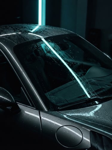 Sleek dark sports car in a moody high-contrast studio, sharp cyan neon highlights reflecting on the wet windshield, close-up, 35mm photography