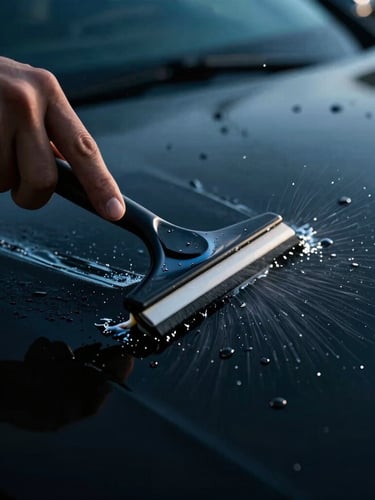 Extreme close-up of a hand applying a protective film to a car hood with a squeegee, water droplets spraying, high-contrast studio lighting, cyan tones