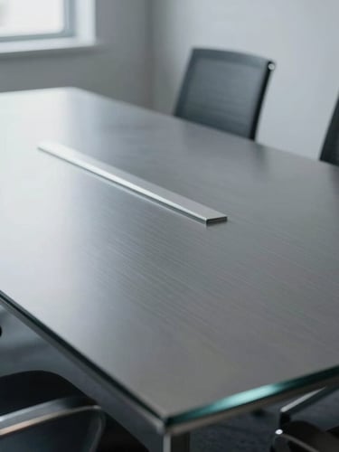 Close detailed shot of a minimalist glass and steel boardroom table, soft metallic silver reflections, cool overcast daylight, professional and quiet atmosphere, 35mm