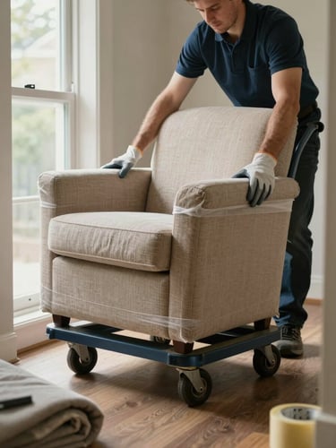Close-up wide shot of a mover's gloved hands securing a wrapped armchair onto a dolly inside a residential hallway, natural window light from the left, moving blankets and tape rolls visible on the floor