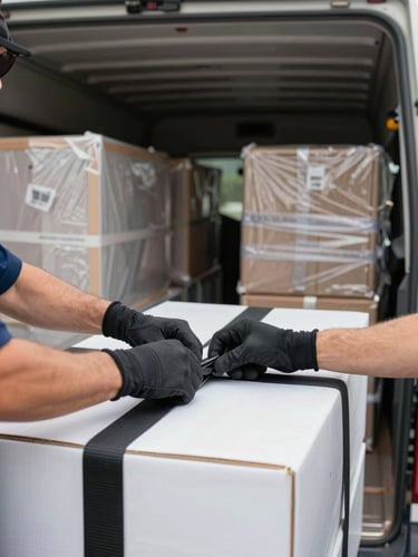 Close-up of a crew member's gloved hands securing a load strap across stacked boxes inside a moving truck interior, natural light filtering through the truck opening, organized rows of wrapped furniture visible behind, operational and precise