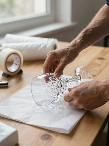 Close-up of crew member's hands wrapping a crystal wine glass in white packing paper on a wooden table, packing tape dispenser and bubble wrap rolls visible in the background, sharp natural window light