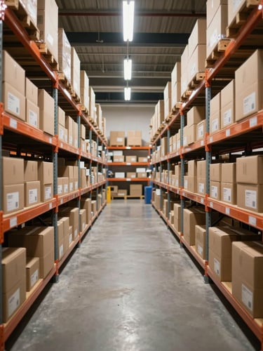 Wide shot of a clean storage facility aisle, uniformly stacked labeled boxes on industrial shelving units lining both sides, overhead fluorescent lighting, no people, organized and precise