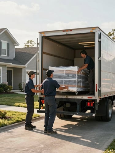 Wide shot from the side of a residential driveway, a Quick Solve moving truck with rear doors open, two crew members in uniform systematically loading wrapped furniture onto the truck, natural morning daylight, suburban home entry visible in background left, truck filling the right two-thirds of the frame