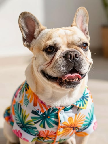 Eye-level portrait of a happy French Bulldog wearing a colorful tropical print shirt, sitting in bright warm daylight, shallow depth of field