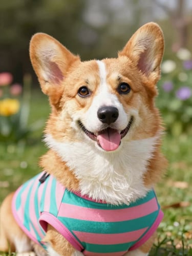 Vibrant eye-level portrait of a happy fluffy corgi wearing a colorful handmade teal and pink striped shirt, bright natural daylight, soft garden background