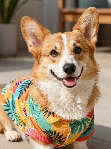 Vibrant eye-level portrait of a happy Pembroke Welsh Corgi wearing a colorful handmade tropical shirt, warm natural daylight, outdoor patio background, 35mm photography