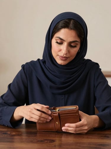 Portrait shot of Fariha Rahimi, owner of GalaxyRise LLC, meticulously inspecting a high-quality leather wallet on a dark wooden desk, soft studio light, shallow depth of field, warm gold accents, elegant and trustworthy, professional and focused.