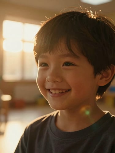 Cinematic close-up of a child smiling warmly in a newly built community center, golden sun flare backlighting, deep rich warm tones, high contrast, shallow depth of field