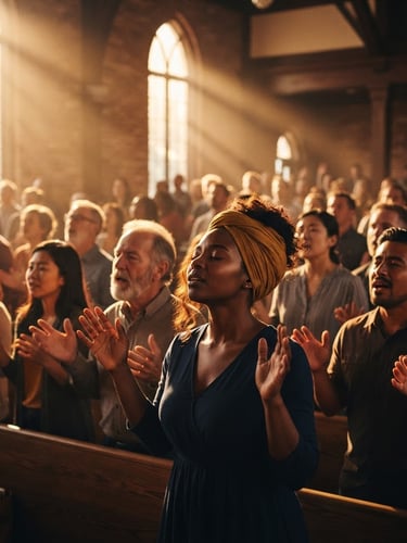 Cinematic portrait of a diverse congregation in deep worship, warm golden-hour backlighting, hands raised, soft glowing light rays, high contrast, shallow depth of field