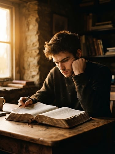 Dramatic cinematic portrait of a focused student studying a thick leather bible under warm, golden-hour window light, high contrast, shallow depth of field.