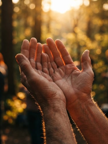 A close-up of hands held open in passionate prayer, dramatic golden-hour backlighting, deep rich warm tones, high contrast, shallow depth of field
