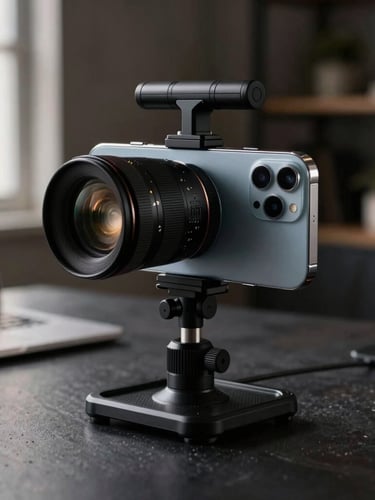 A professional camera rig focused on a sleek smartphone device, soft key lights, cozy dark workspace background