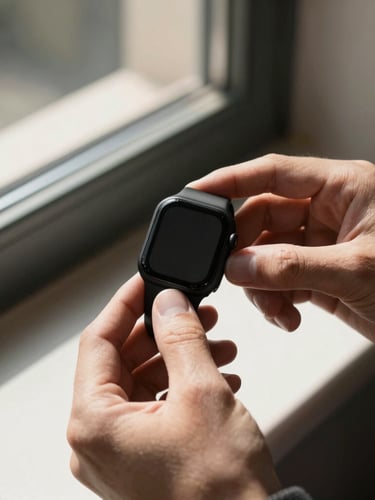 Hands unboxing a minimalist matte black smartwatch, warm natural window light, high-contrast shadows
