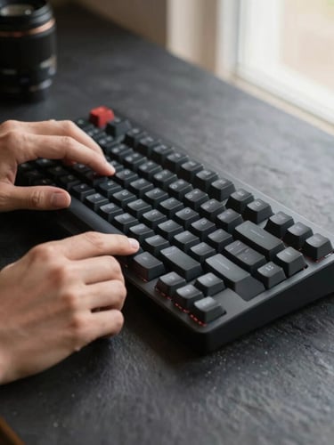 A close-up of hands adjusting a high-end mechanical keyboard under soft studio key light, dark slate background, 35mm lens.