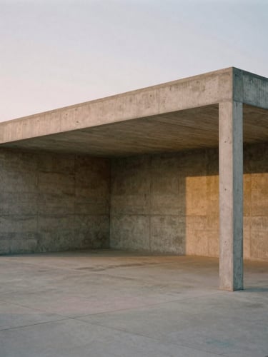 Wide-angle architectural photograph of a minimalist concrete pavilion at dawn, soft diffused light, warm organic tones, medium-format film style.