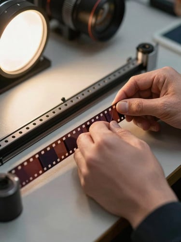 Close-up of hands threading 16mm film through a film gate on a flatbed editing table, warm tungsten light from the left, sprocket holes visible, shallow depth of field on the film strip