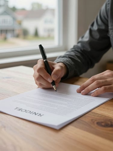 A close-up of hands signing a real estate contract on a warm wooden desk, soft natural light from a nearby window, 35mm lens, authentic editorial style.