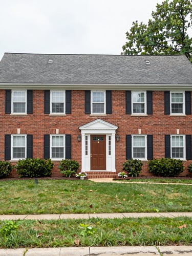 Straight-on exterior photo of a modest brick colonial house in a Maryland suburb, soft overcast afternoon light, natural un-staged front yard, authentic editorial real estate photography, 35mm lens