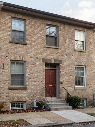 A clean, un-staged brick townhouse exterior in a quiet mid-Atlantic neighborhood, natural soft late afternoon light, professional 35mm photography