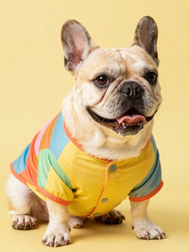 Eye-level portrait of a happy, uniquely shaped French Bulldog wearing a colorful custom-tailored summer shirt, sitting comfortably on a soft yellow background, bright natural light.