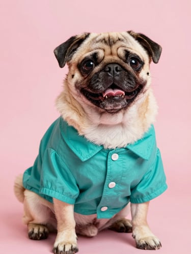 Eye-level portrait of a happy pug wearing a custom teal summer shirt, bright cheerful studio lighting, solid pink background