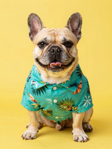 A cheerful French Bulldog wearing a vibrant teal tropical print shirt, sitting proudly on a bright yellow backdrop, studio portrait, 85mm lens