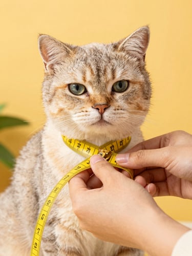 Close-up of hands gently wrapping a yellow measuring tape around the chest of a calm cat, warm lighting, showing the measuring process clearly.