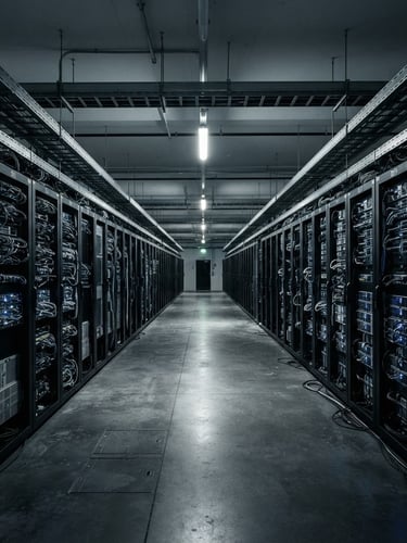 Wide architectural shot of a stark server room, cool high-contrast lighting, desaturated tones, sharp focus, 35mm.