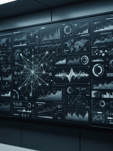 stark architectural photography, cool high-contrast lighting, tight crop on a complex data dashboard monitor, desaturated tones with sharp focus, 35mm