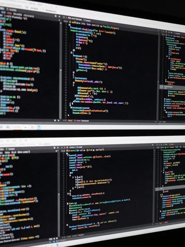 Tight crop on a data screen displaying code structures and analytics dashboards, stark high-contrast lighting, desaturated tones.