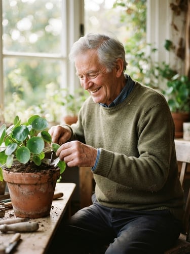 Warm editorial portrait of a smiling elderly man tending to green plants in a terracotta pot, soft natural window light, shallow depth of field, gentle earthy tones.