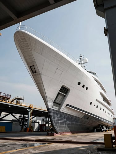 A high-contrast architectural CAD wireframe of a modern superyacht hull overlaying a physical steel structure in a dry dock, cool-toned lighting, geometric framing.