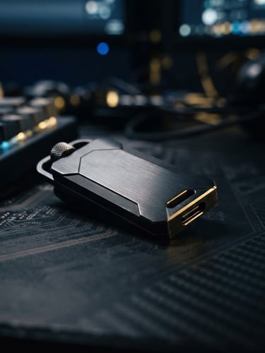 Close-up of a secure hardware wallet key on a dark, technical desk, with subtle blue and gold ambient light, shallow depth of field, 35mm.