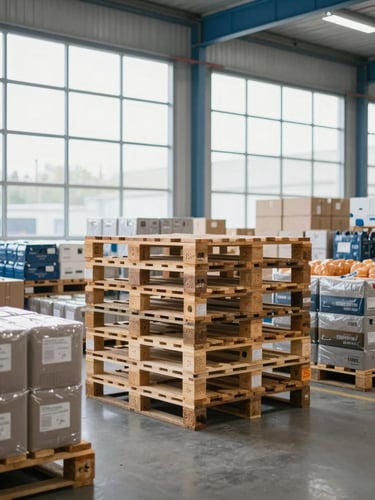 A clean, organized warehouse interior in Rochester with neatly stacked wooden pallets and shipping supplies, bright overcast daylight through high windows.