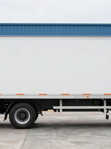 Side-profile shot of a clean 26-foot straight box truck parked next to a concrete loading dock, crisp daylight, focus on the truck body