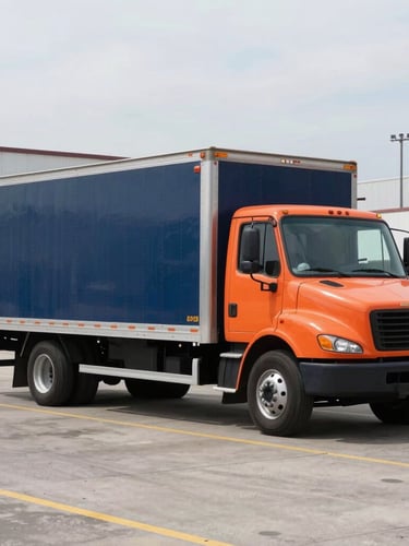 A clean 26-foot straight box truck branded with navy and orange, parked in a Rochester industrial lot under bright overcast daylight, realistic commercial photography, 35mm