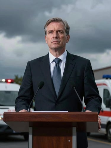 A low-angle authoritative portrait of a focused spokesperson standing behind a podium, dramatic overcast daylight, emergency response vehicles blurred in the background.